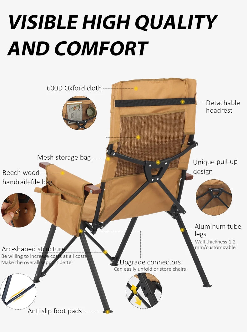 Adjustable 5-Position Folding Chair With Pillow & Armrests - Perfect For Outdoor Camping, Fishing, Relaxation