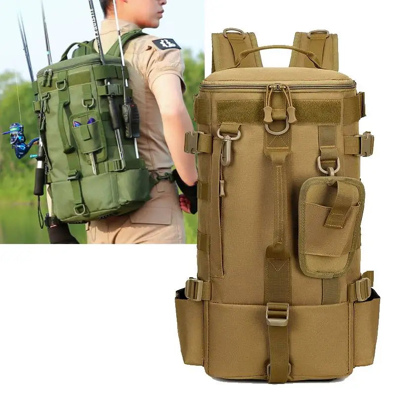 Tactical Fishing Backpack Tackle Bag with Rod Holders Fish Equipment Storage Molle Camping Hiking Outdoor Multifunctional Bag