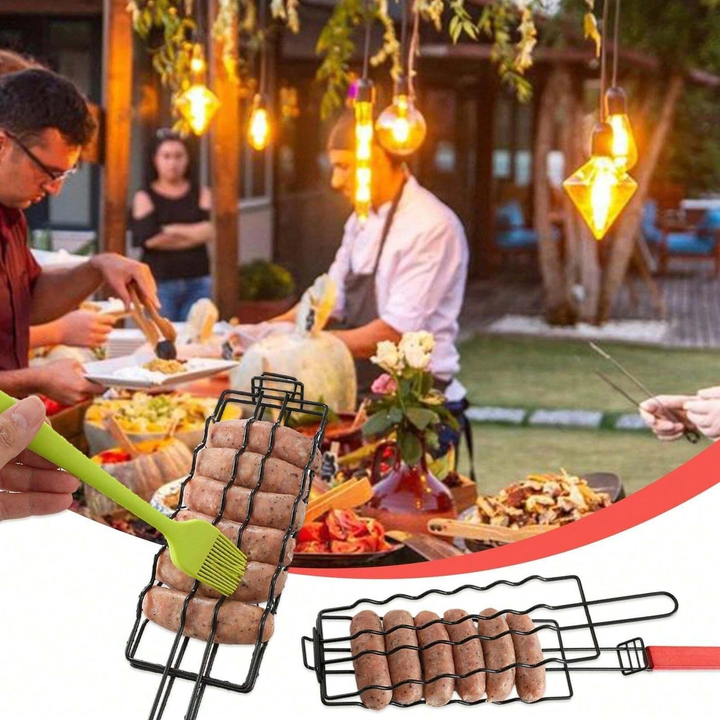 1pc Removable Hot Dog Grill With Wooden Handle Sausage Grill Cage Grill Basket Grill Accessories Portable Outdoor BBQ Rack