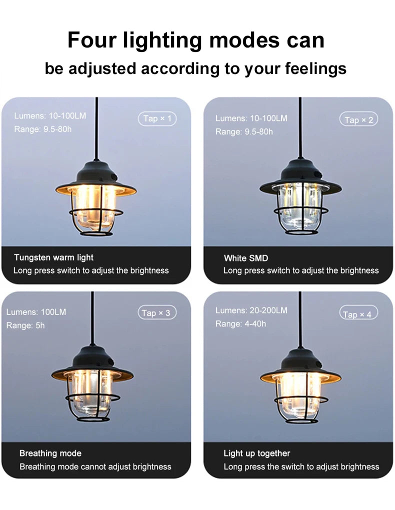 Portable Camping Retro Hanging Lanterns.  Waterproof Dimmable Tent Lamp.