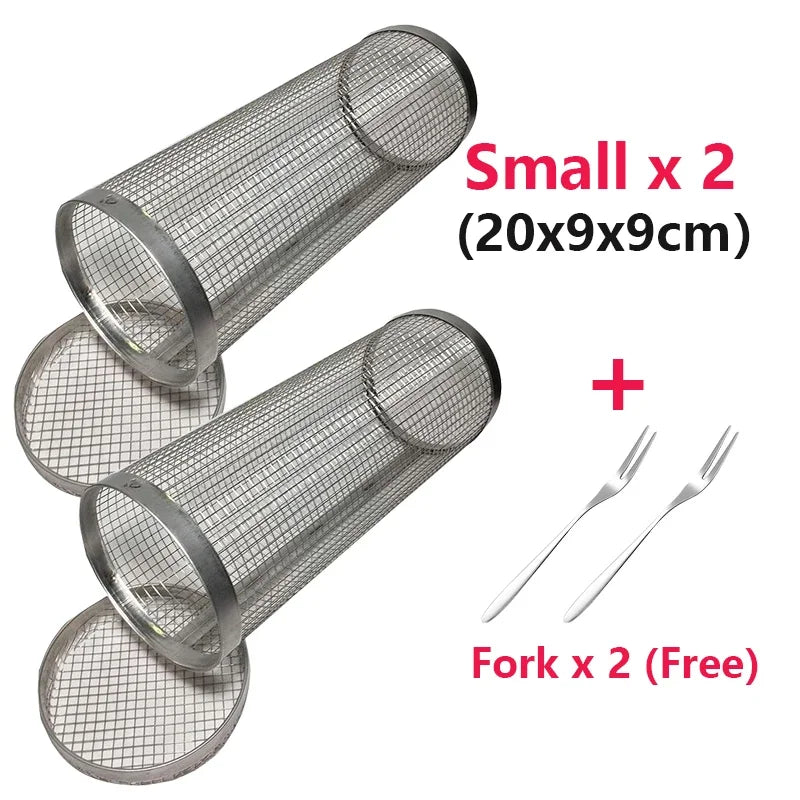Rolling Grilling BBQ Basket Stainless Steel Leak proof Mesh Barbecue Rack Outdoor Picnic Camping Simple Cylindrical BBQ Grill