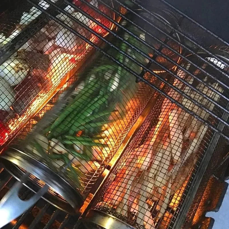 BBQ Grill Basket Rolling Grilling Basket Barbecue Cages Barbecue Grill Grate Cylinder Grilling Baskets for Outdoor Camping