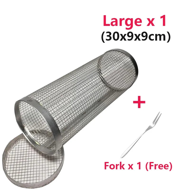 Rolling Grilling BBQ Basket Stainless Steel Leak proof Mesh Barbecue Rack Outdoor Picnic Camping Simple Cylindrical BBQ Grill