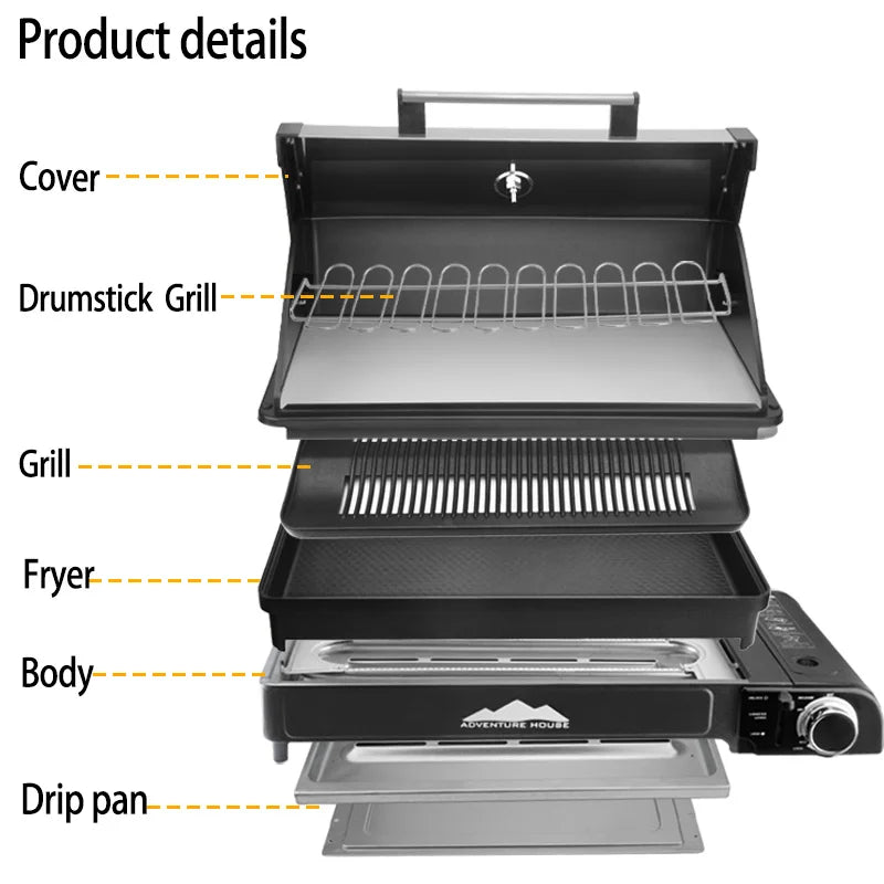 Camping Multi Gas Grill. Portable BBQ, Stove, Grill. Outdoor Stainless Steel