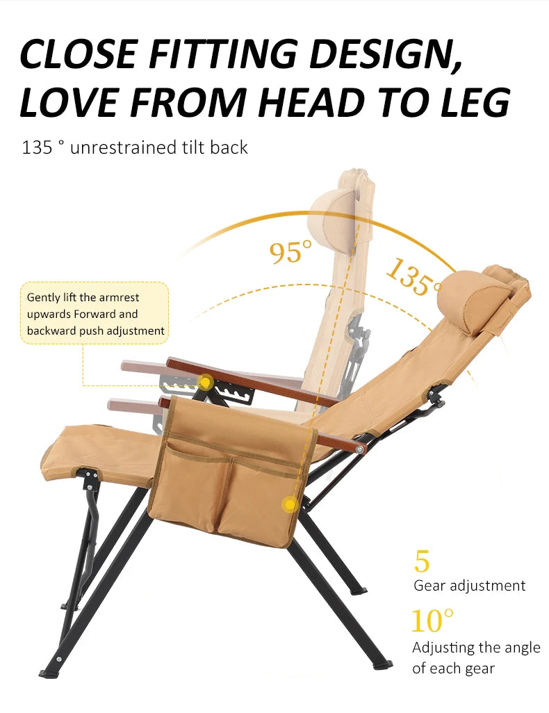 Adjustable 5-Position Folding Chair With Pillow & Armrests - Perfect For Outdoor Camping, Fishing, Relaxation