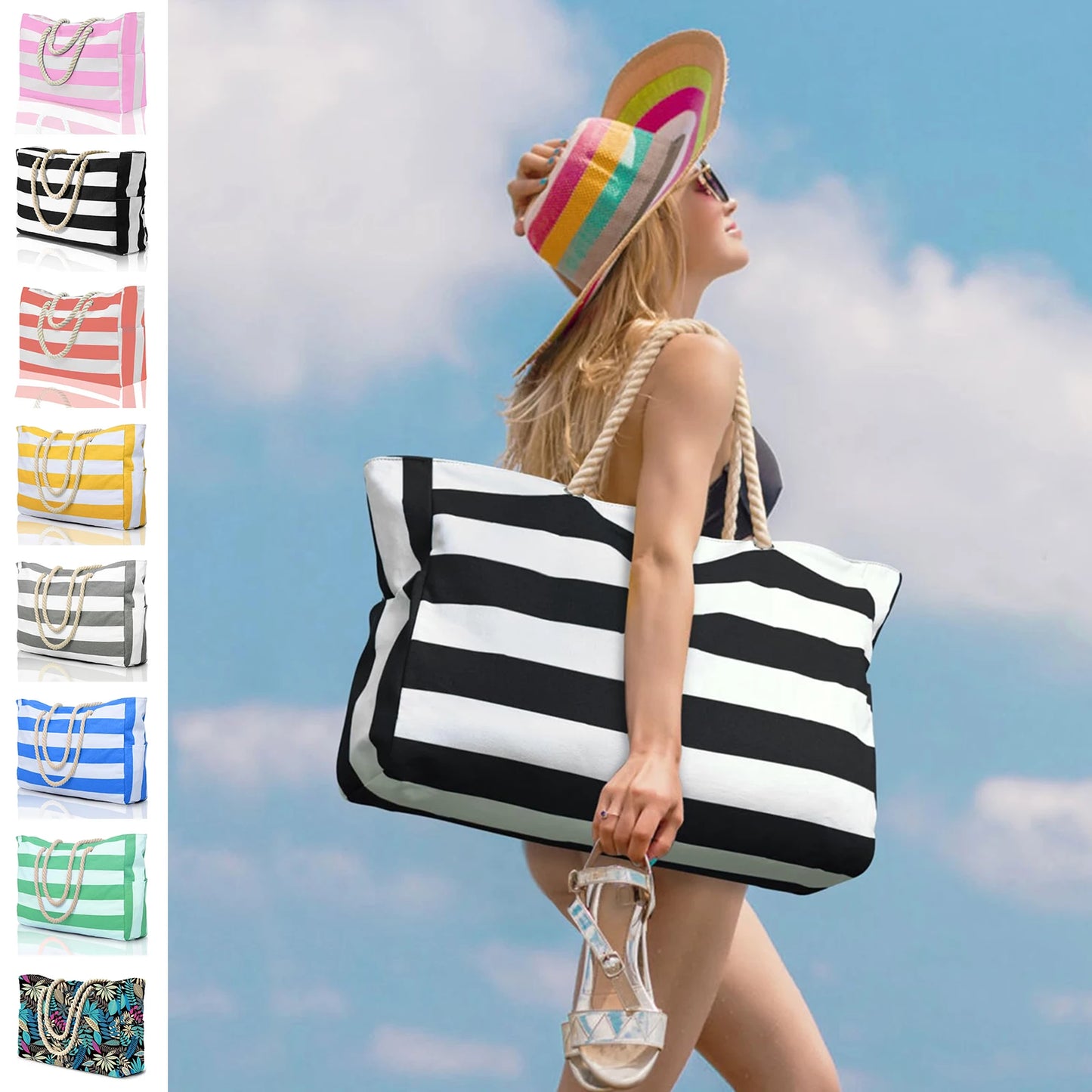 Striped zipper outer bag, waterproof and sand resistant canvas