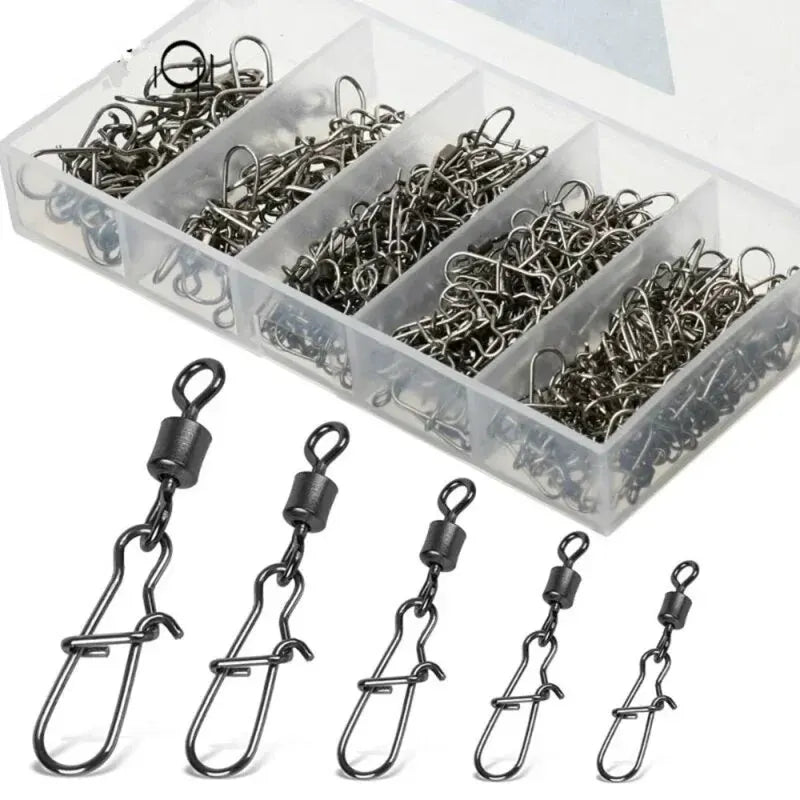 50pc/box Stainless Steel Fishing Connector Rolling Swivel with Snaps