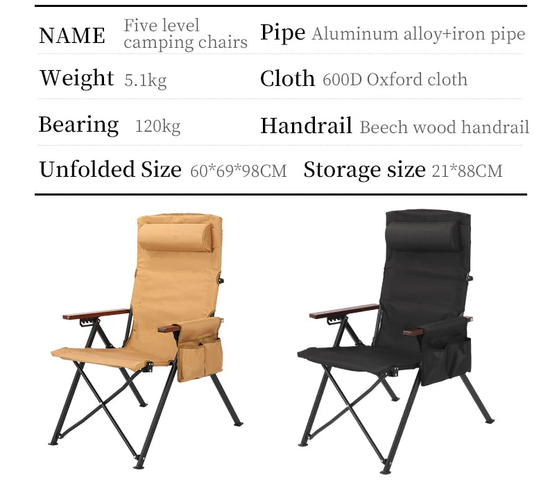 Adjustable 5-Position Folding Chair With Pillow & Armrests - Perfect For Outdoor Camping, Fishing, Relaxation