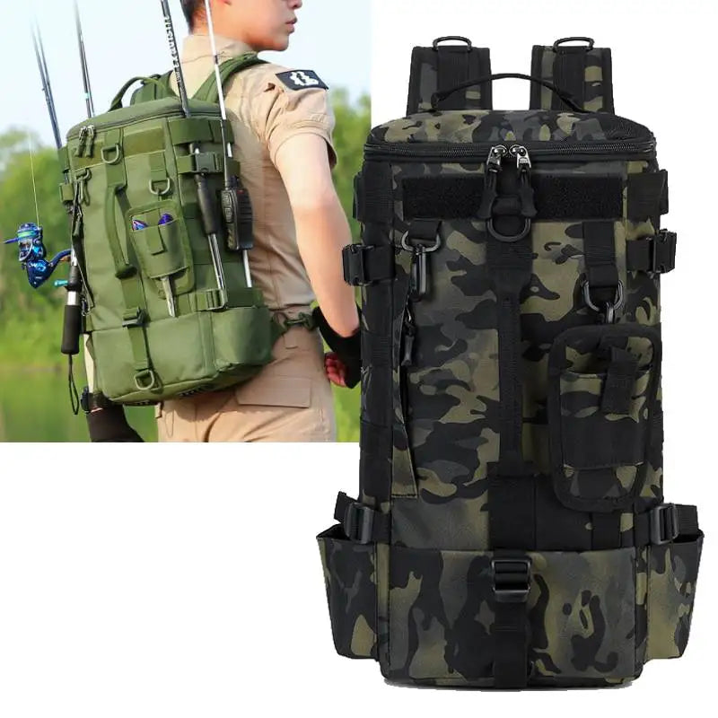 Tactical Fishing Backpack Tackle Bag with Rod Holders Fish Equipment Storage Molle Camping Hiking Outdoor Multifunctional Bag
