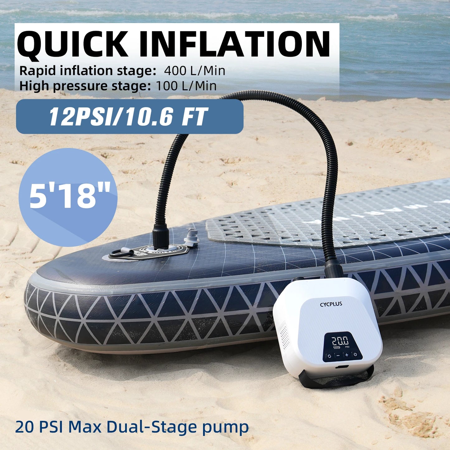 20PSI Electric SUP Inflation Pump 38.48Wh Battery