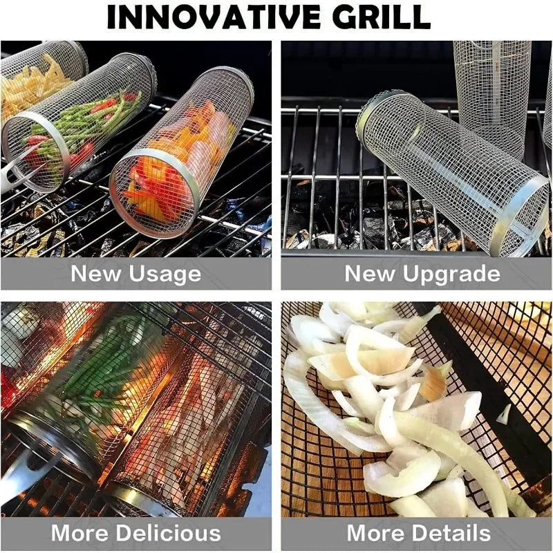 BBQ Grill Basket Rolling Grilling Basket Barbecue Cages Barbecue Grill Grate Cylinder Grilling Baskets for Outdoor Camping