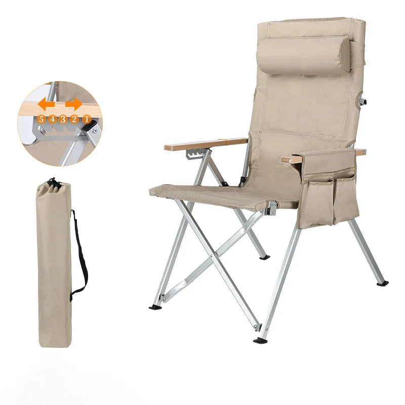 Adjustable 5-Position Folding Chair With Pillow & Armrests - Perfect For Outdoor Camping, Fishing, Relaxation