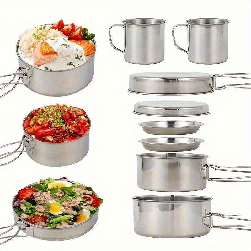 8pcs Stainless Steel Camping Cookware Set with Pots and Pans,  Plates & Cups