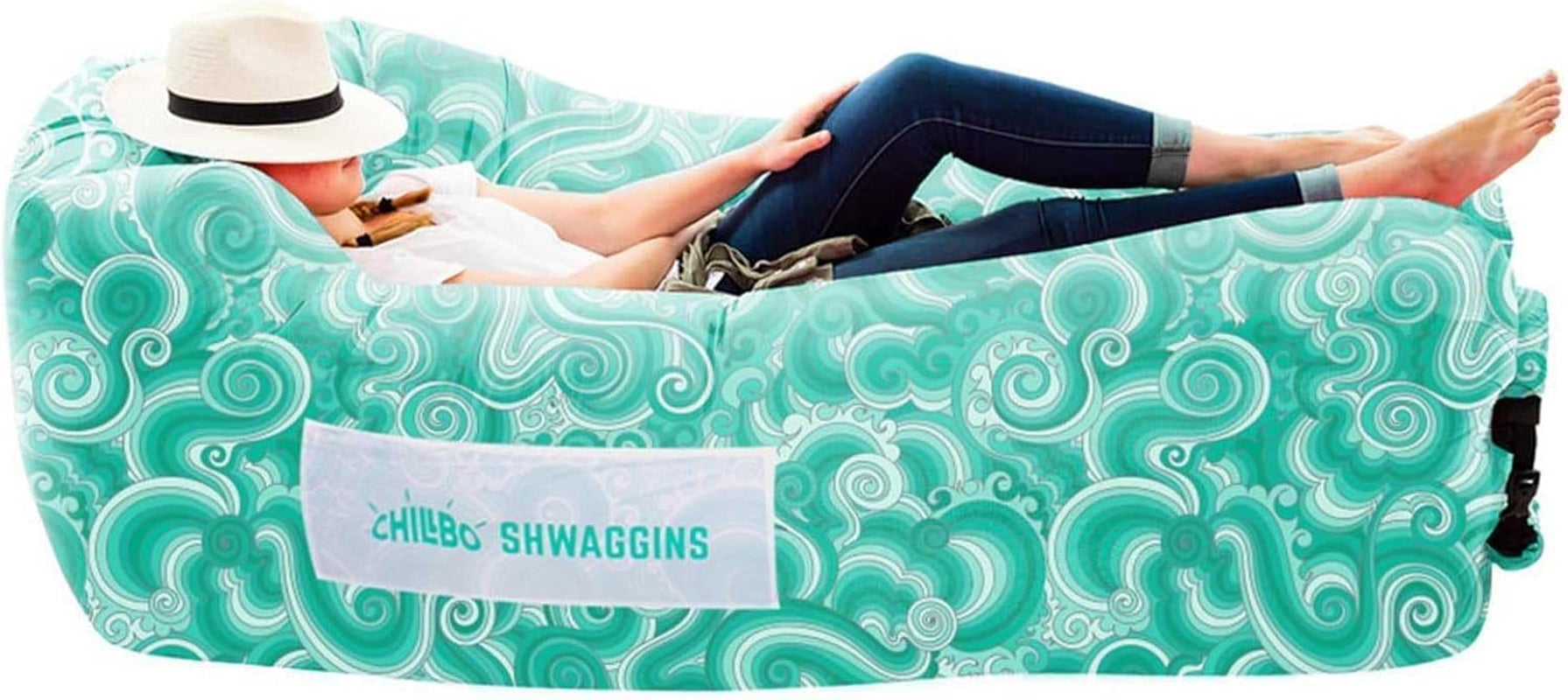 Shwaggins Inflatable Couch – No-Pump Setup, Ripstop Polyester, Stability Pegs, Fun Prints, Portable Air Lounger for Beach, Camping, Festivals, and Tailgating - Green Wave