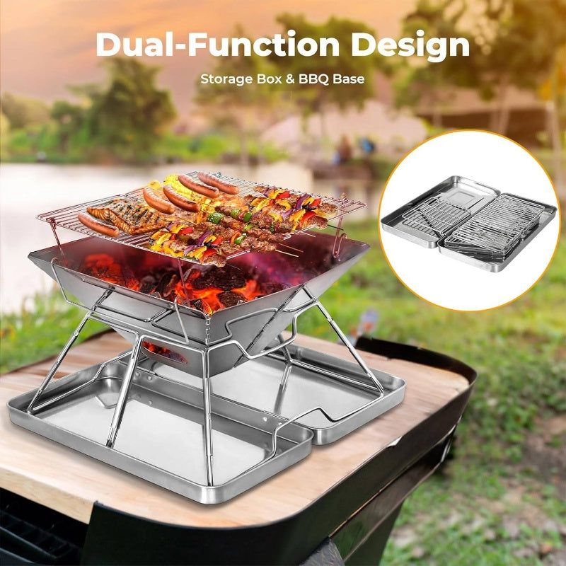 2-in-1 Portable Camping BBQ Grill | Stainless Steel Foldable Collapsible Charcoal Grill