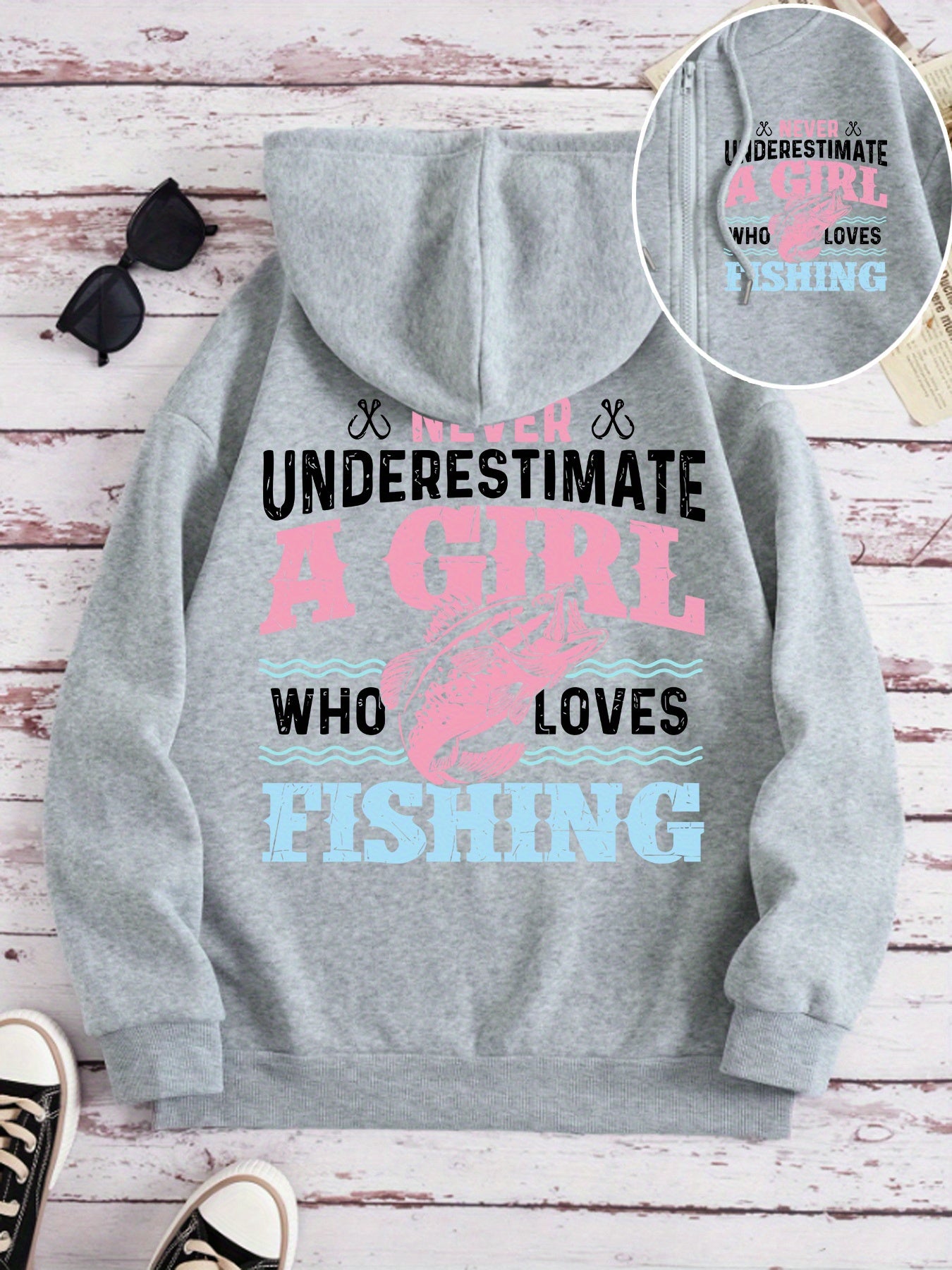Women'S Fishing-Themed Zipper Hooded Jacket with Fishing Graphic