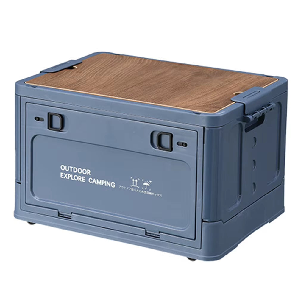 30L Collapsible Storage Bin with Wooden Lid Portable Storage Container Large Capacity Side Open Home Outdoor Store Camping Items