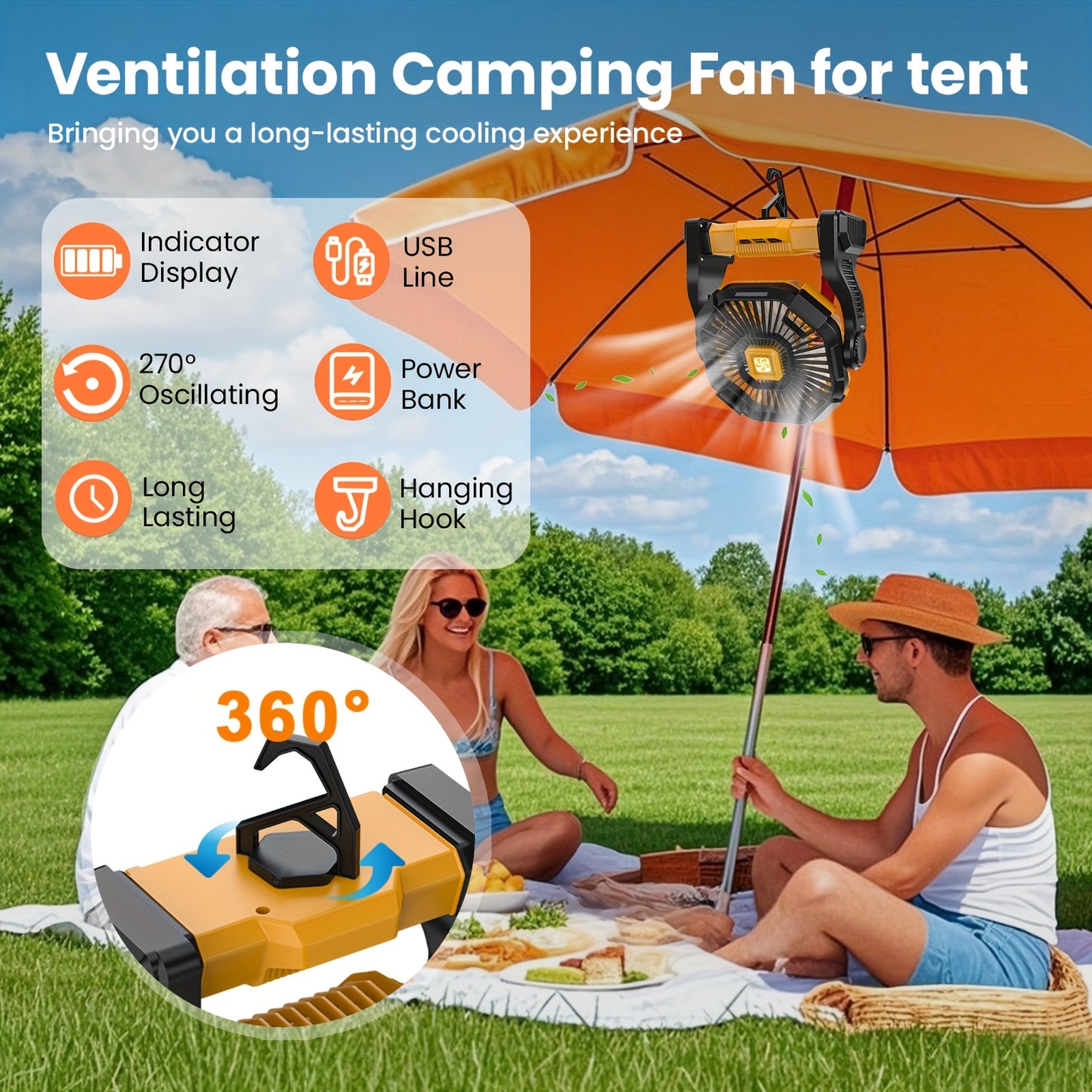 3-in-1 Portable Camping Fan with USB Power, LED Light & High-Speed Cooling - Rechargeable
