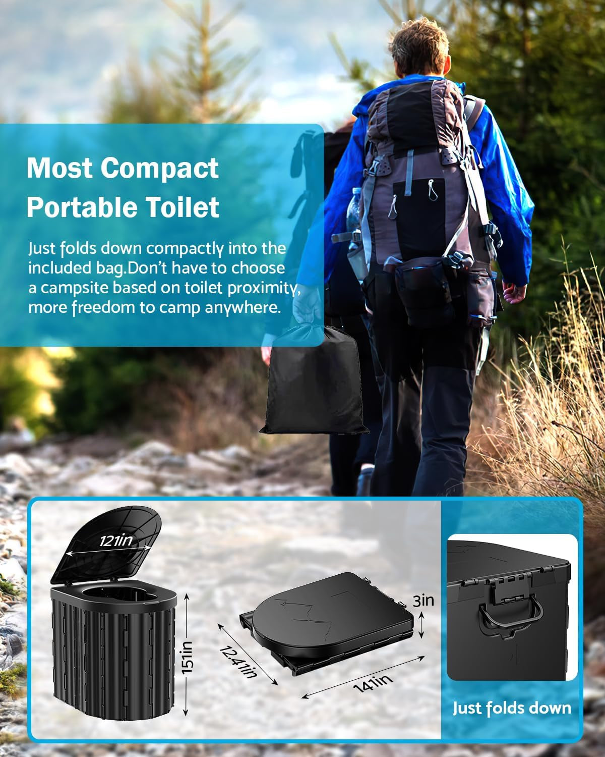 Portable Toilet, Upgraded 12-Inch Toilet Seat, Folding Toilet with Removable Paper Holder, Camping Toilet with a Load Capacity of 450 Lbs, Portable Potty for Indoor, Outdoor, and Emergency Use