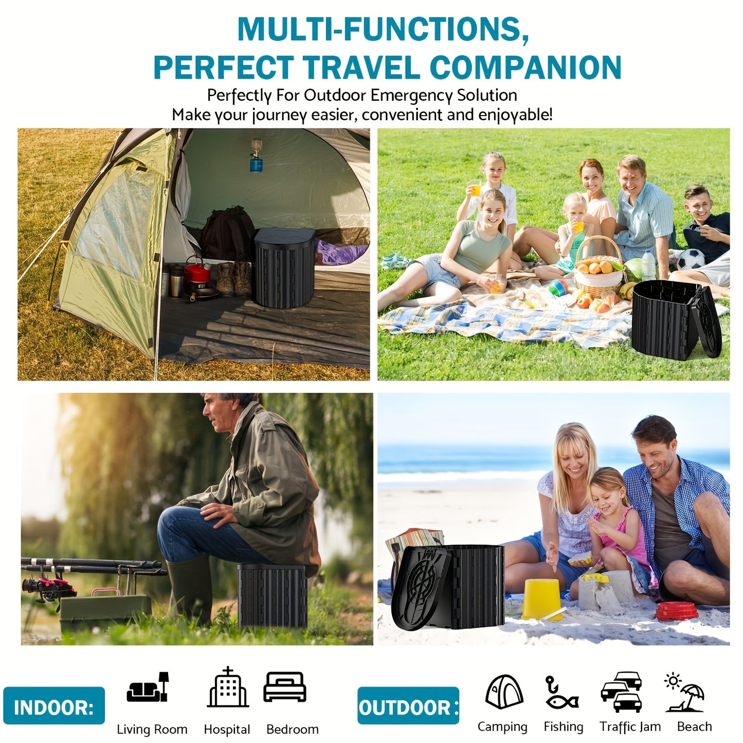 Portable Toilet, Upgraded 12-inch Toilet Seat, Folding with Removable Paper Holder