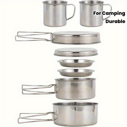 8pcs Stainless Steel Camping Cookware Set with Pots and Pans,  Plates & Cups