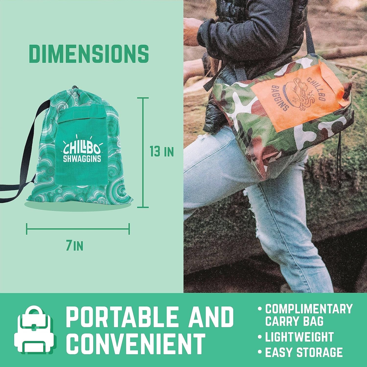 Shwaggins Inflatable Couch – No-Pump Setup, Ripstop Polyester, Stability Pegs, Fun Prints, Portable Air Lounger for Beach, Camping, Festivals, and Tailgating - Green Wave