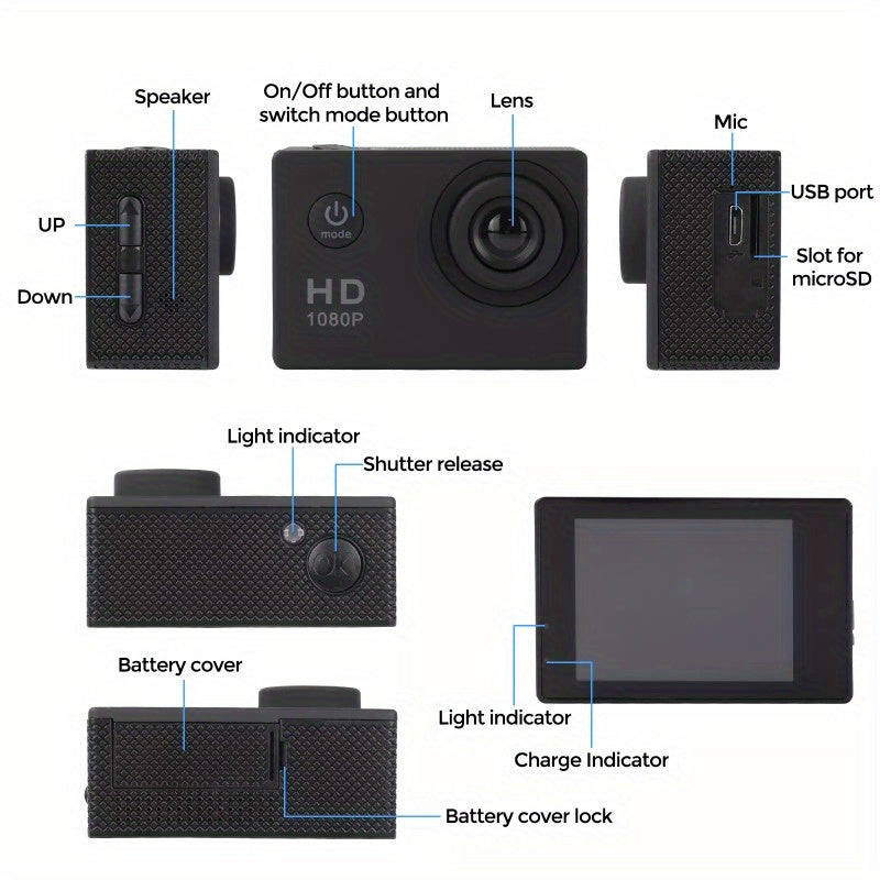 1080P Action Camera with 2-inch LCD Screen 5MP, 170° Zoom Wide Angle