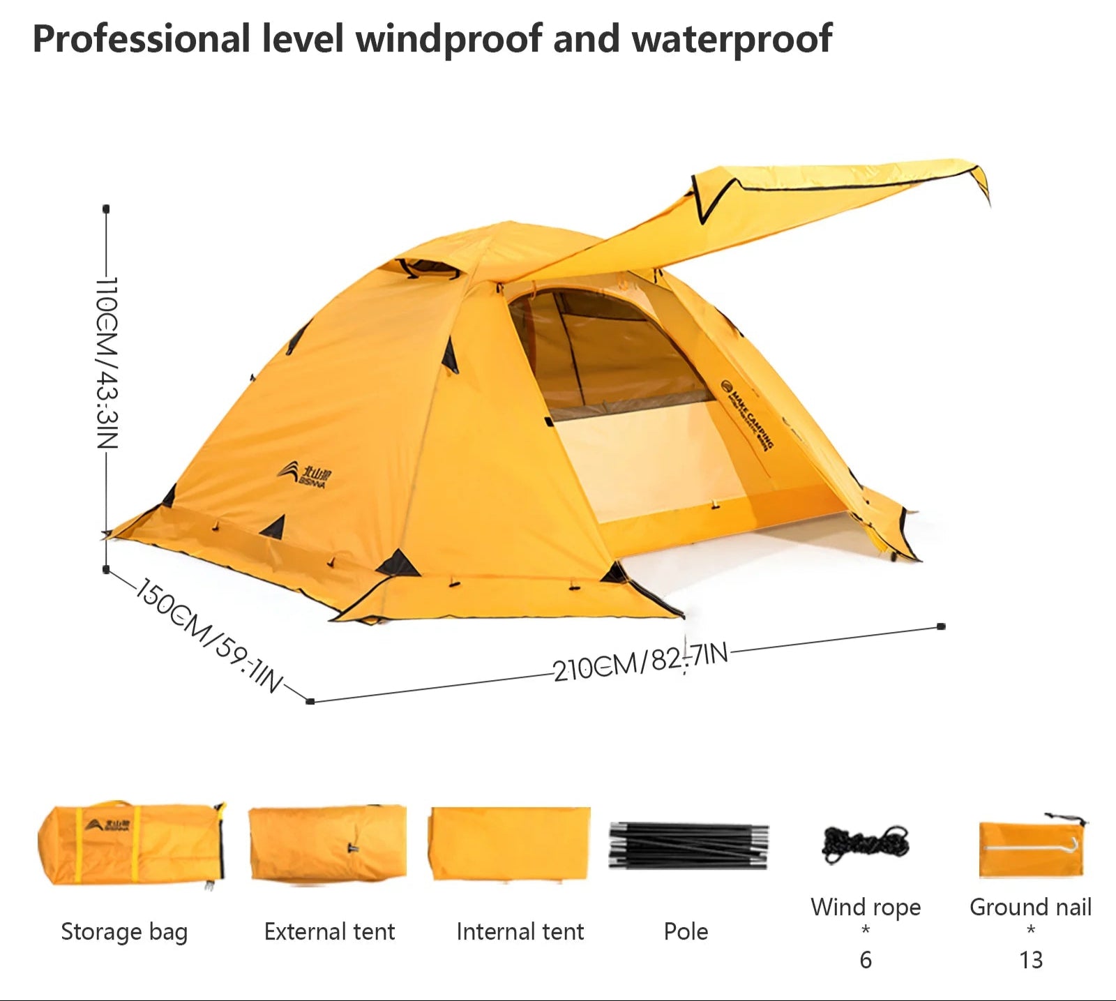 4 Season Camping Tent with Snow Skirt 2 Person Double Layer Aluminum Pole Tent for Outdoor Backpack Picnic Hiking
