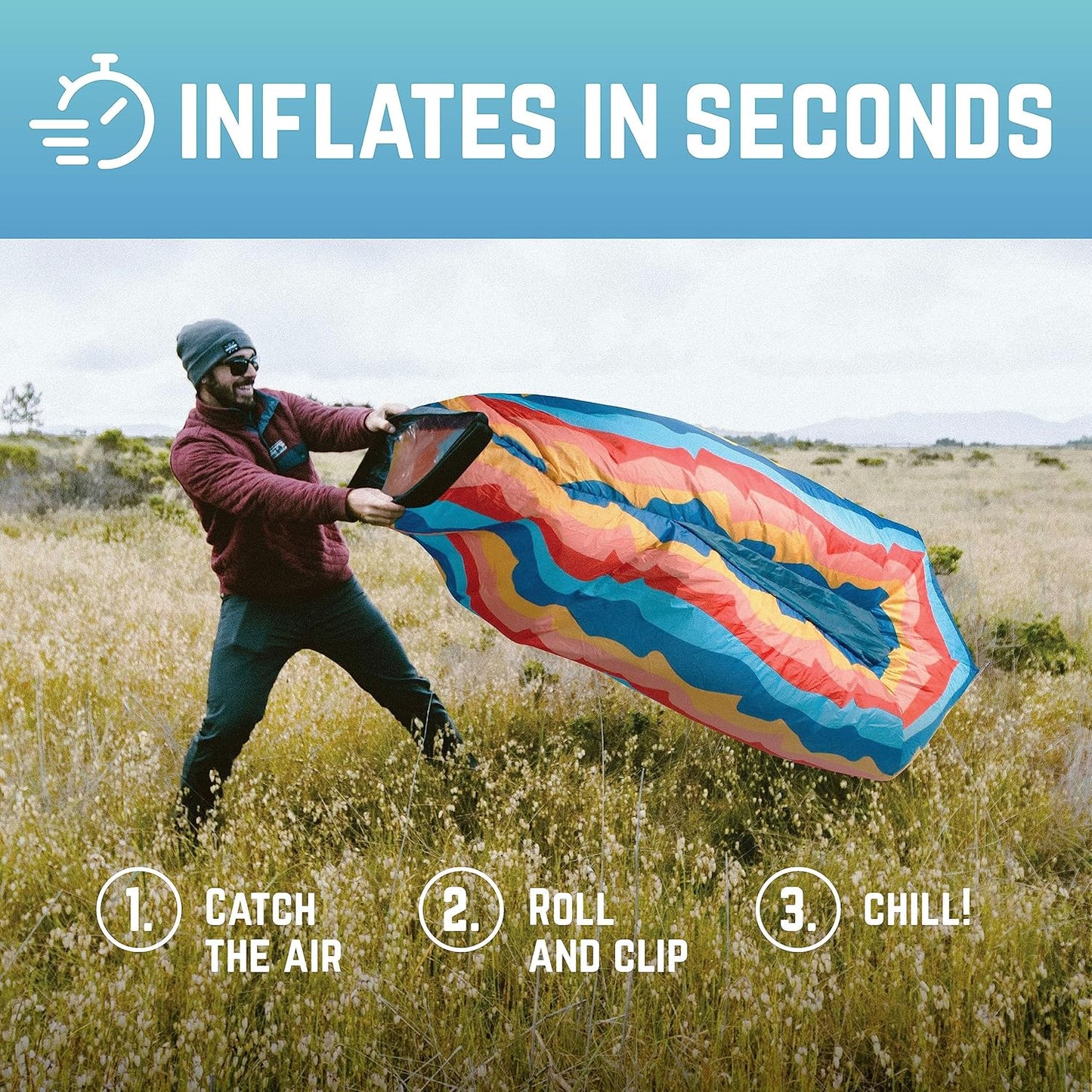 Shwaggins Inflatable Couch – No-Pump Setup, Ripstop Polyester, Stability Pegs, Fun Prints, Portable Air Lounger for Beach, Camping, Festivals, and Tailgating - Desert Daydream