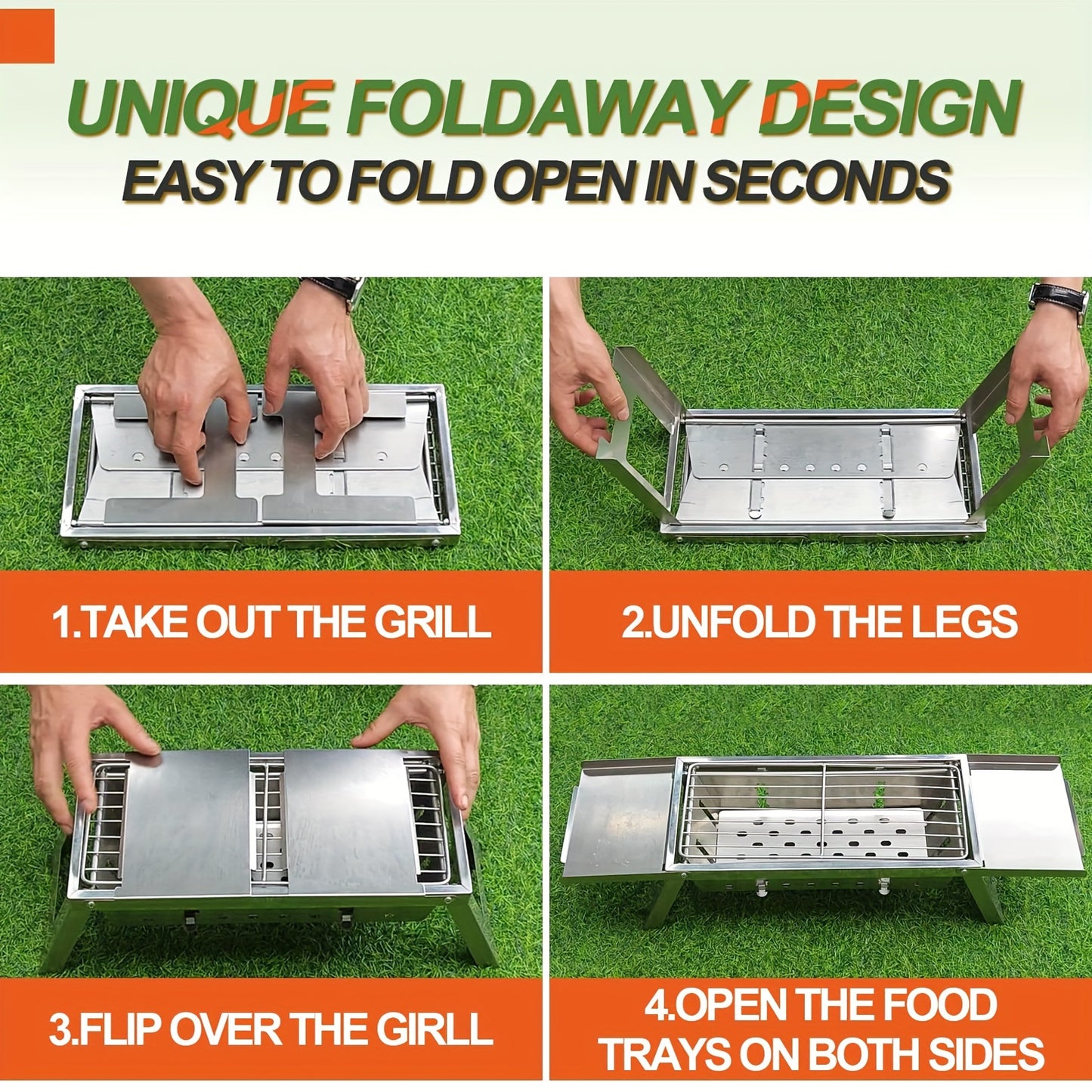 Folding Charcoal Grill, Portable Food Grade Stainless Steel Charcoal Grill