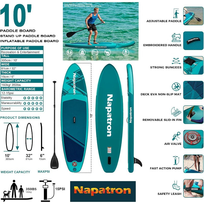 Family Inflatable SUP Paddleboard. Stable Wide Design 158.76KG Capacity