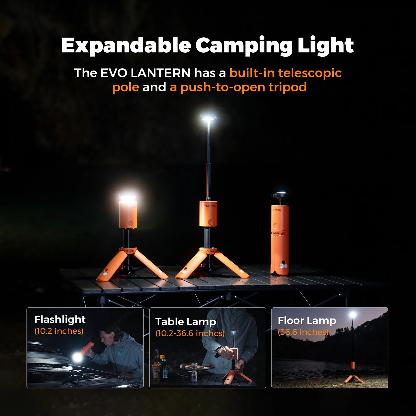 FLEXTAIL EVO LANTERN - FLEXTAIL X OUTASK Telescopic Magnetic Camping Lantern with 12000Mah Battery, IPX6/IPX7 Waterproof