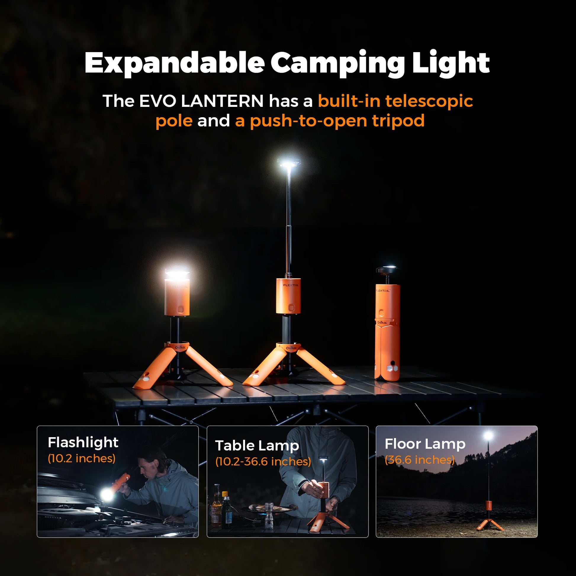 FLEXTAIL EVO LANTERN - FLEXTAIL X OUTASK Telescopic Magnetic Camping Lantern with 12000Mah Battery, IPX6/IPX7 Waterproof