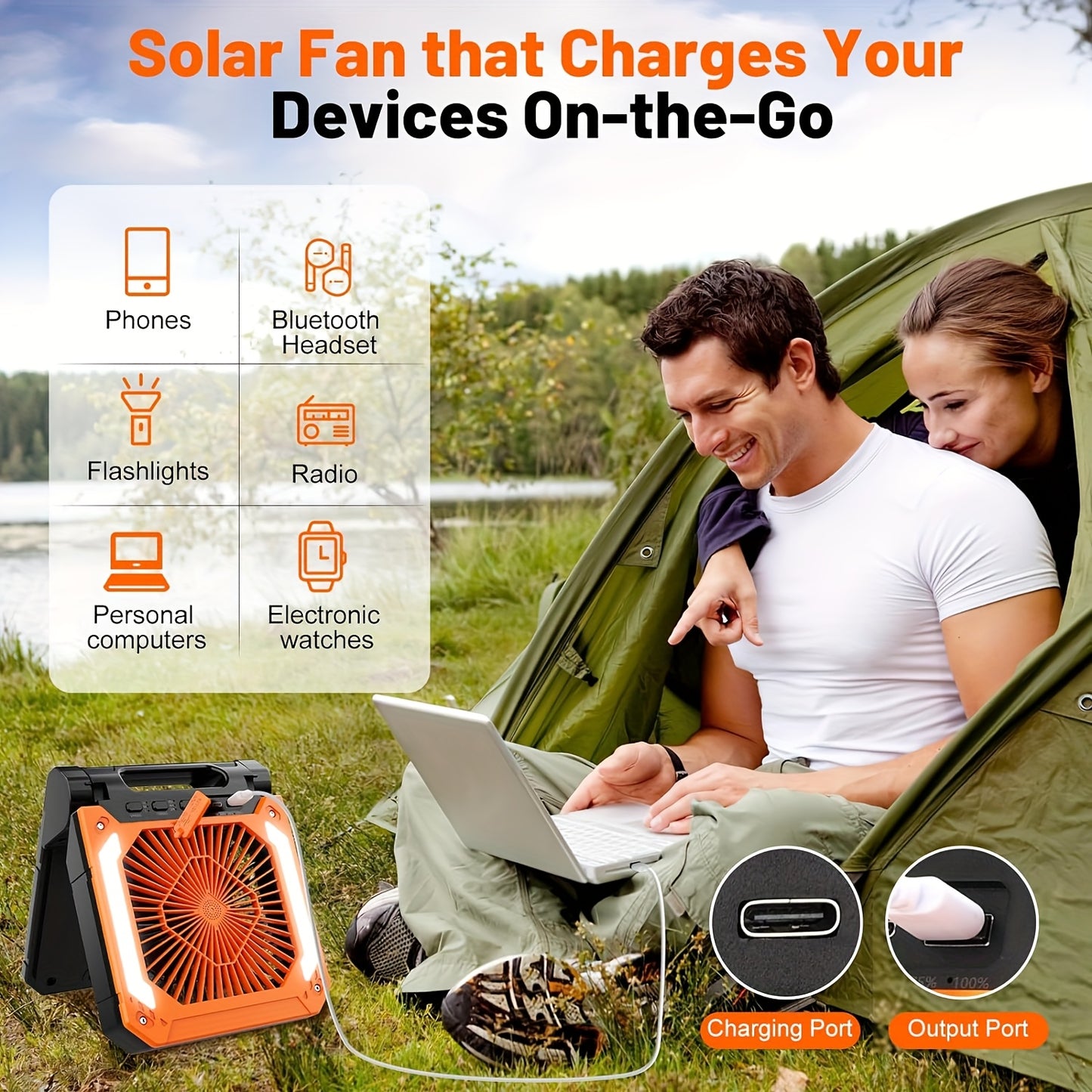 Solar-Powered Camping Fan, LED & USB Charger Port - Portable, Rechargeable