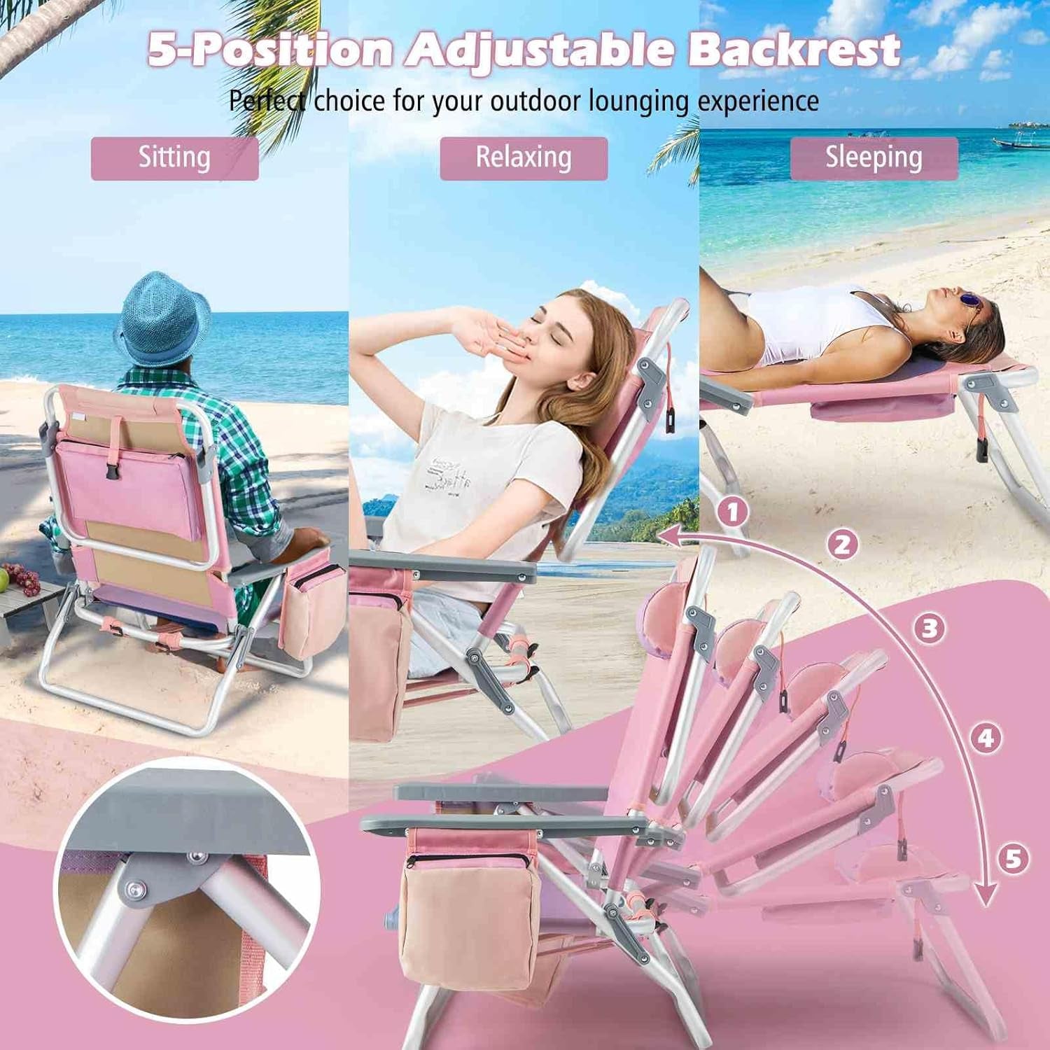 3-Piece Beach Chair Set, 5-Position Reclining Chairs, Outdoor Camping Chairs W/Folding Side Table, Folding Beach Chair and Table Set for Sunbathing, Fishing, No Assembly Required (Pink)