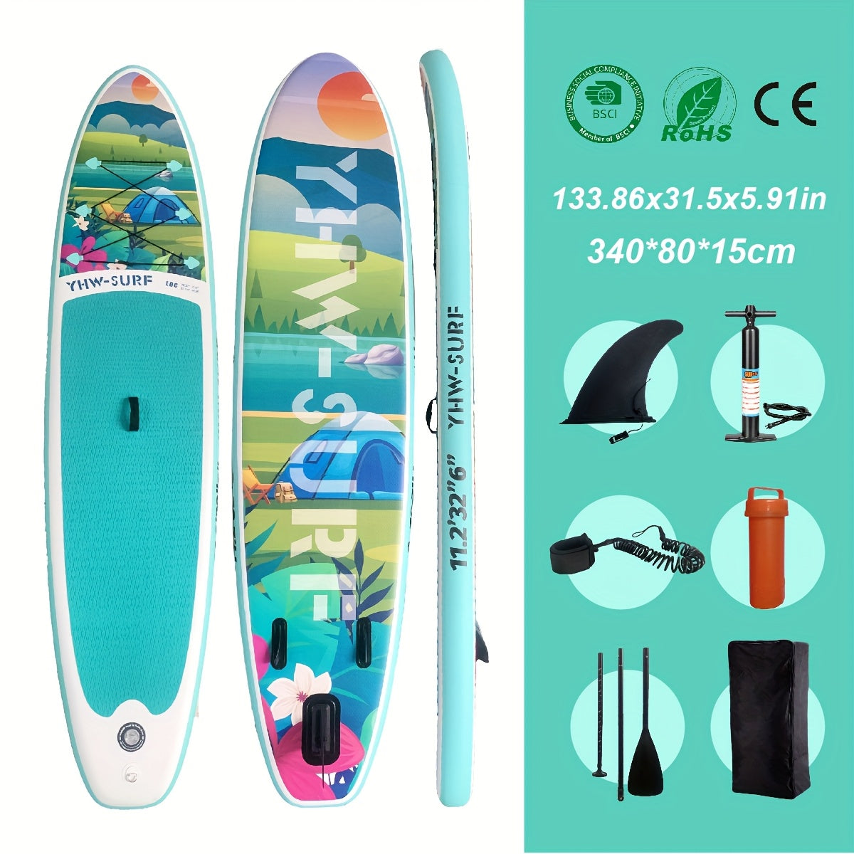 Inflatable Paddle Board, Pump, Backpack, Foot Rope, Detachable Fin, Paddle, and Repair Kit