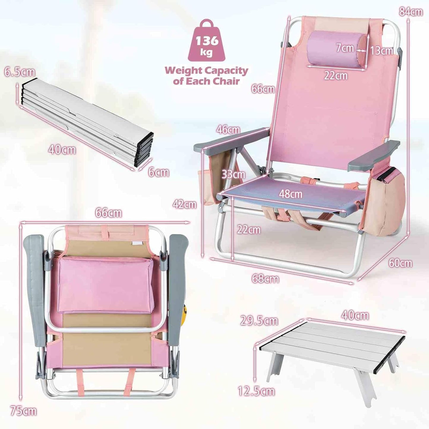 3-Piece Beach Chair Set, 5-Position Reclining Chairs, Outdoor Camping Chairs W/Folding Side Table, Folding Beach Chair and Table Set for Sunbathing, Fishing, No Assembly Required (Pink)