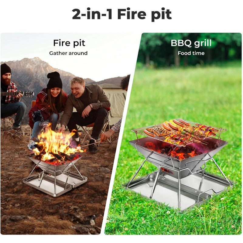 2-in-1 Portable Camping BBQ Grill | Stainless Steel Foldable Collapsible Charcoal Grill