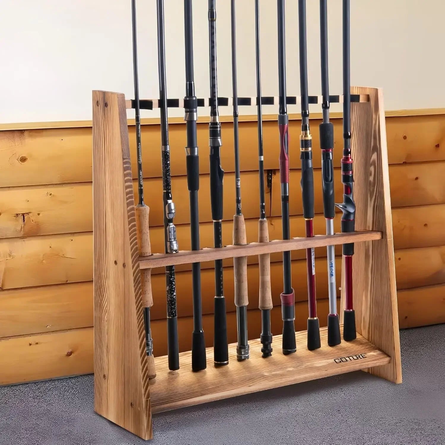 Pine Wood Fishing Rod Holder 10 Capacity Easy to Assemble Removable Fishing Pole Storage Organizer Display Stand