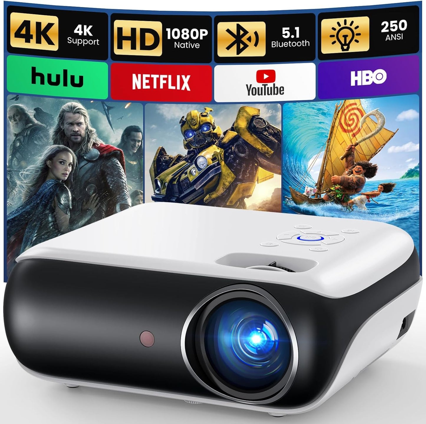 Projector, Native 1080P Bluetooth Portable Outdoor Movie Projector, Full HD Mini Projector with Speaker for Home Bedroom, Compatible with Smartphone,Hdmi,Usb,Av,Fire Stick,Ps5A