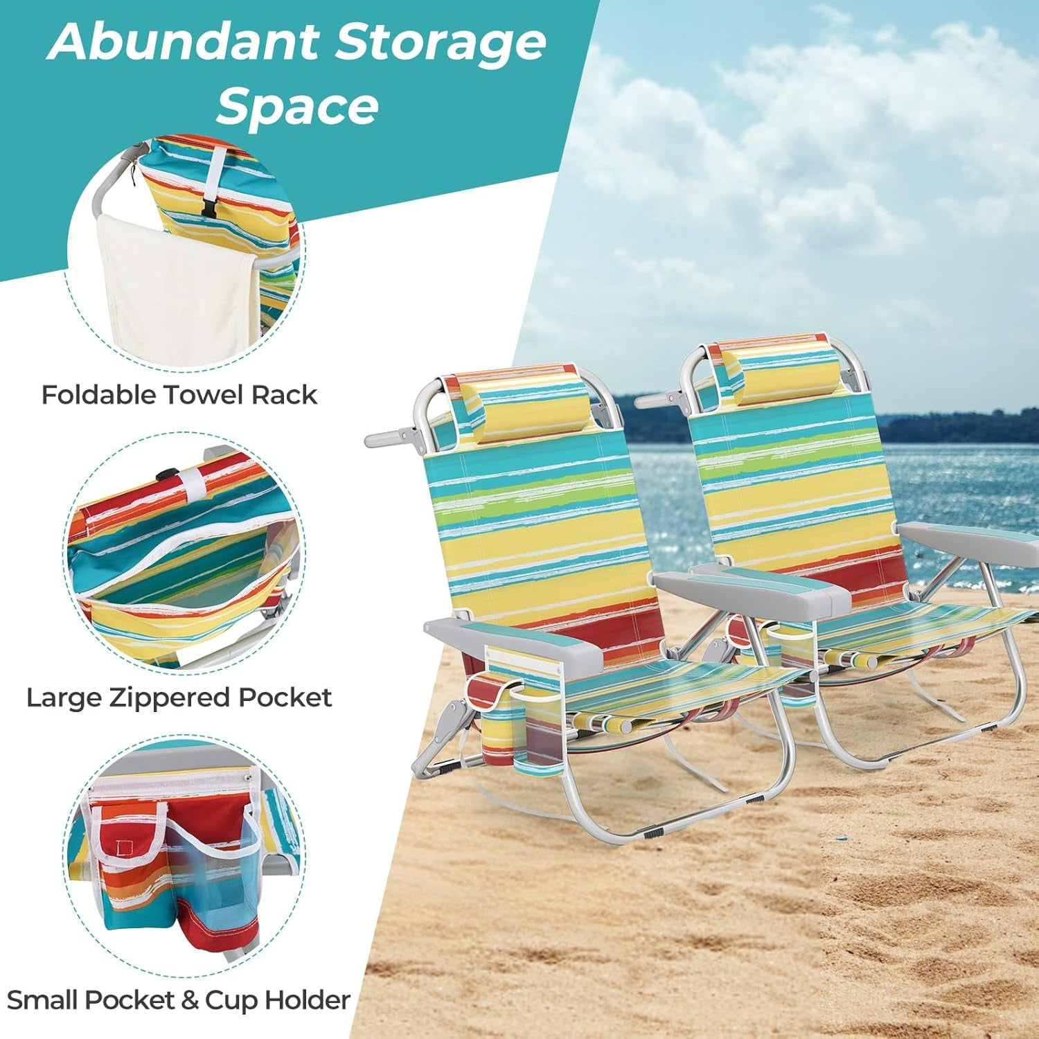 Backpack Beach Chair, Foldable Camping Chair with 5 Adjustable Position, Cup Holder, Storage Pockets, Straps, Towel Rack, Pillow, Lay Flat Lawn Chair for Patio Outdoor, Color Stripe
