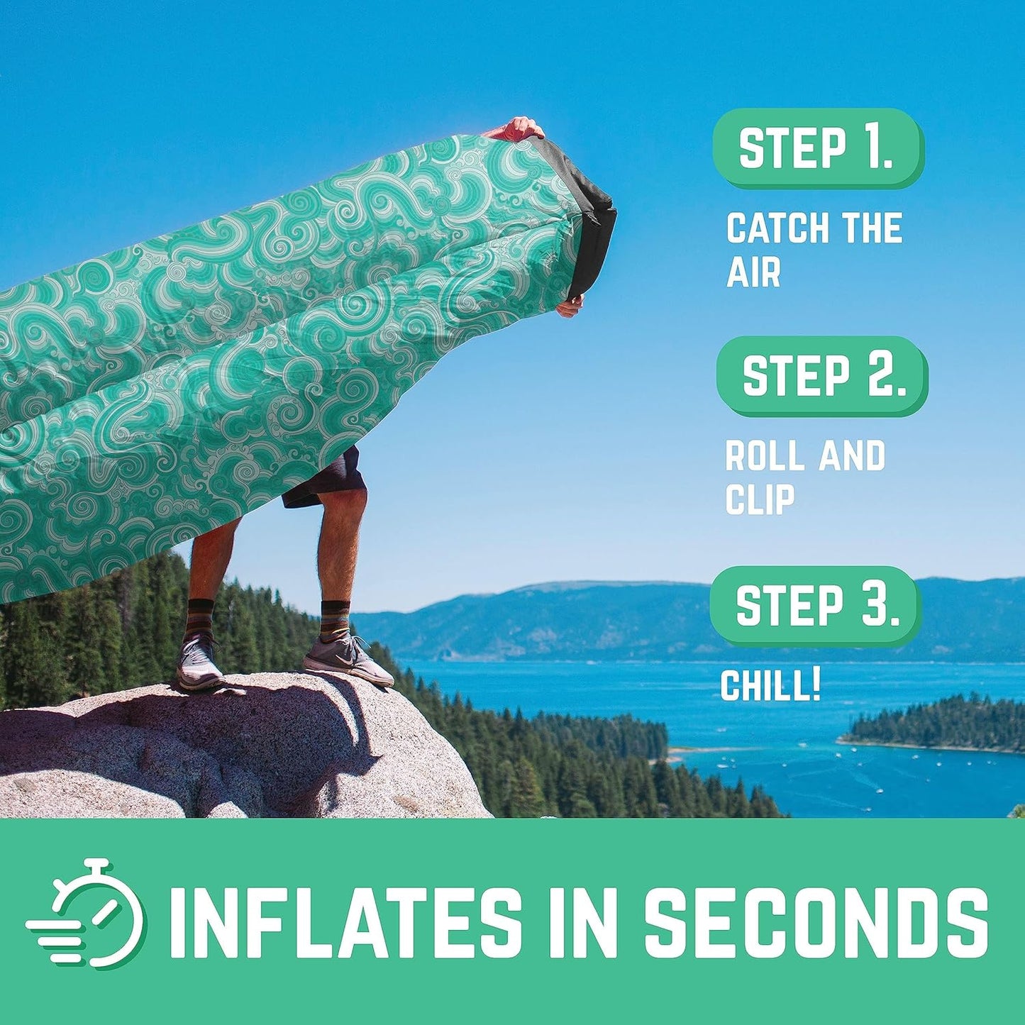 Shwaggins Inflatable Couch – No-Pump Setup, Ripstop Polyester, Stability Pegs, Fun Prints, Portable Air Lounger for Beach, Camping, Festivals, and Tailgating - Green Wave