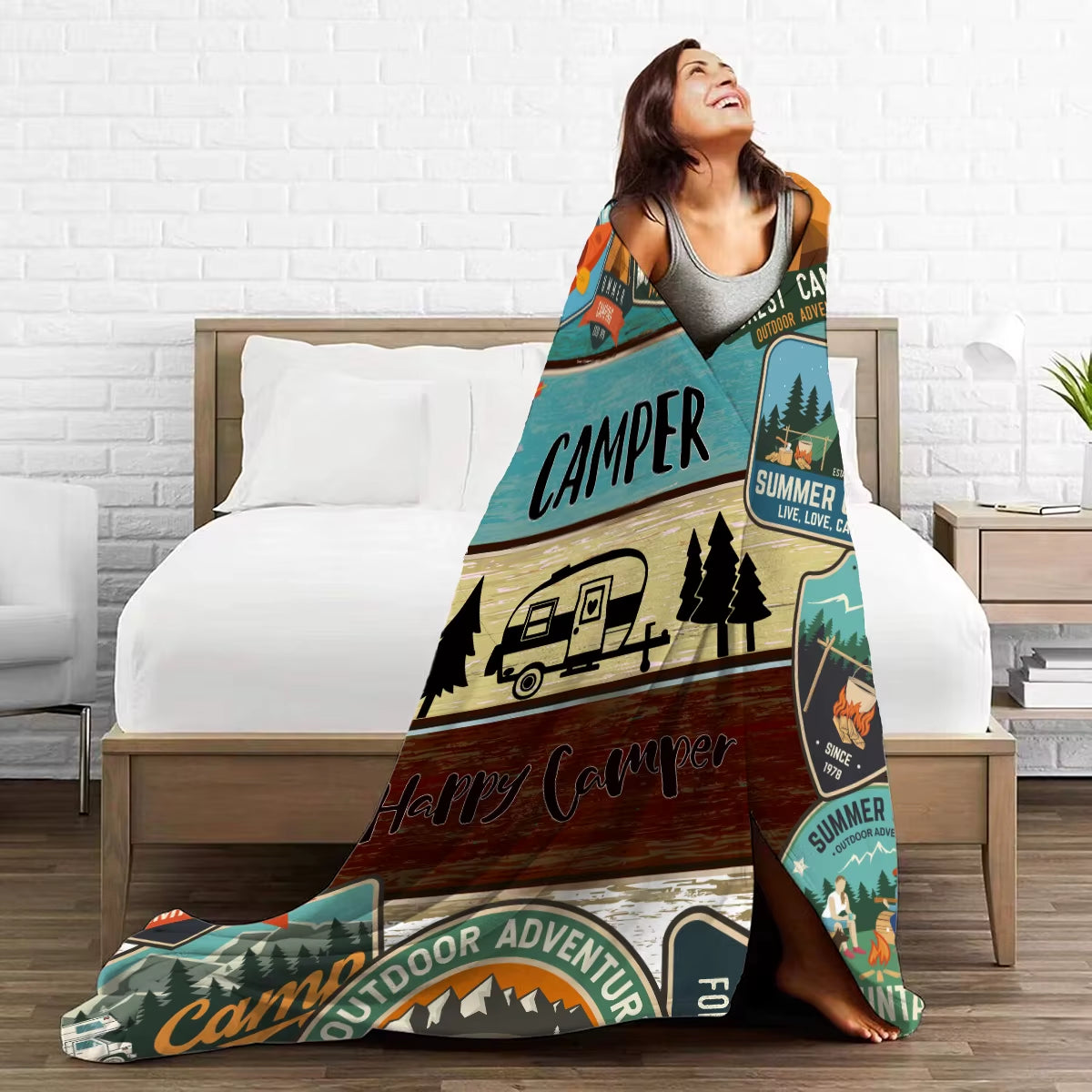 1PC Camper and Forest Pattern Printed Blanket, Suitable for Sofas, Beds, Offices, Travel, Camping Chairs, Warm Plush Blanket