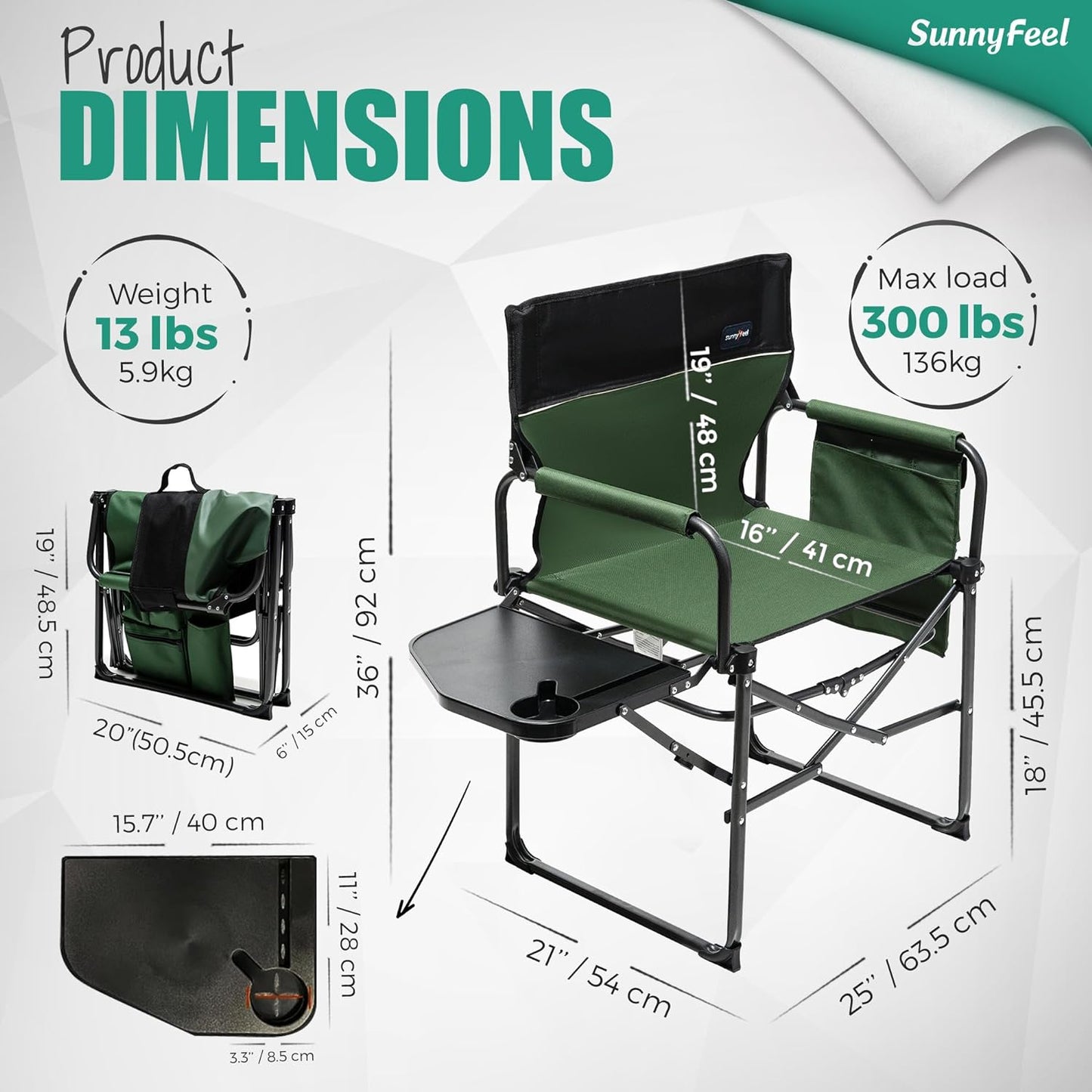 2 Pack  Camping Directors Chair, Heavy Duty,Oversized Portable Folding Chair with Side Table, Pocket for Beach, Fishing,Trip,Picnic,Lawn,Concert Outdoor Foldable Camp Chairs (Green)