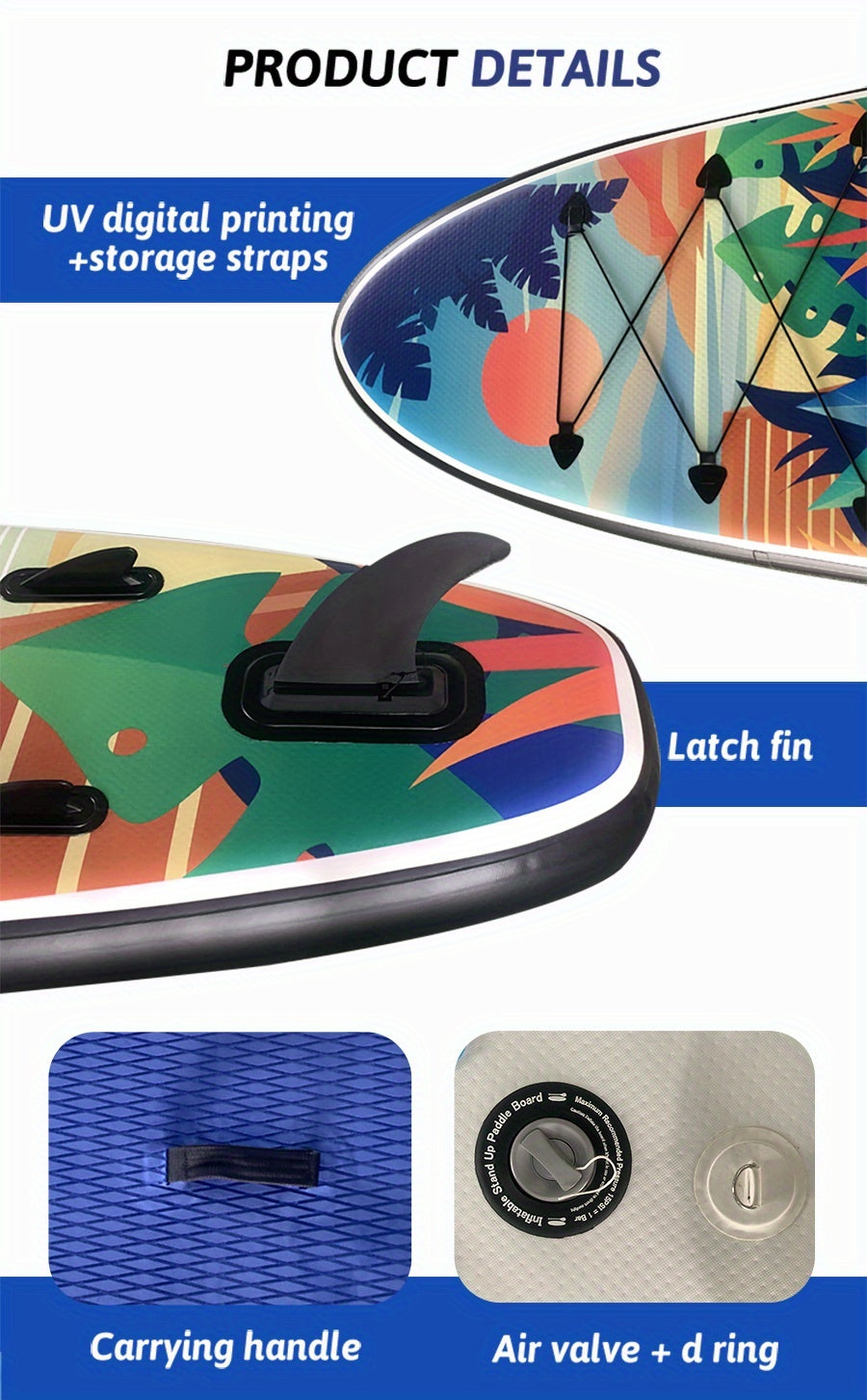 Inflatable Paddle Board, Pump, Backpack, Foot Rope, Detachable Fin, Paddle, and Repair Kit