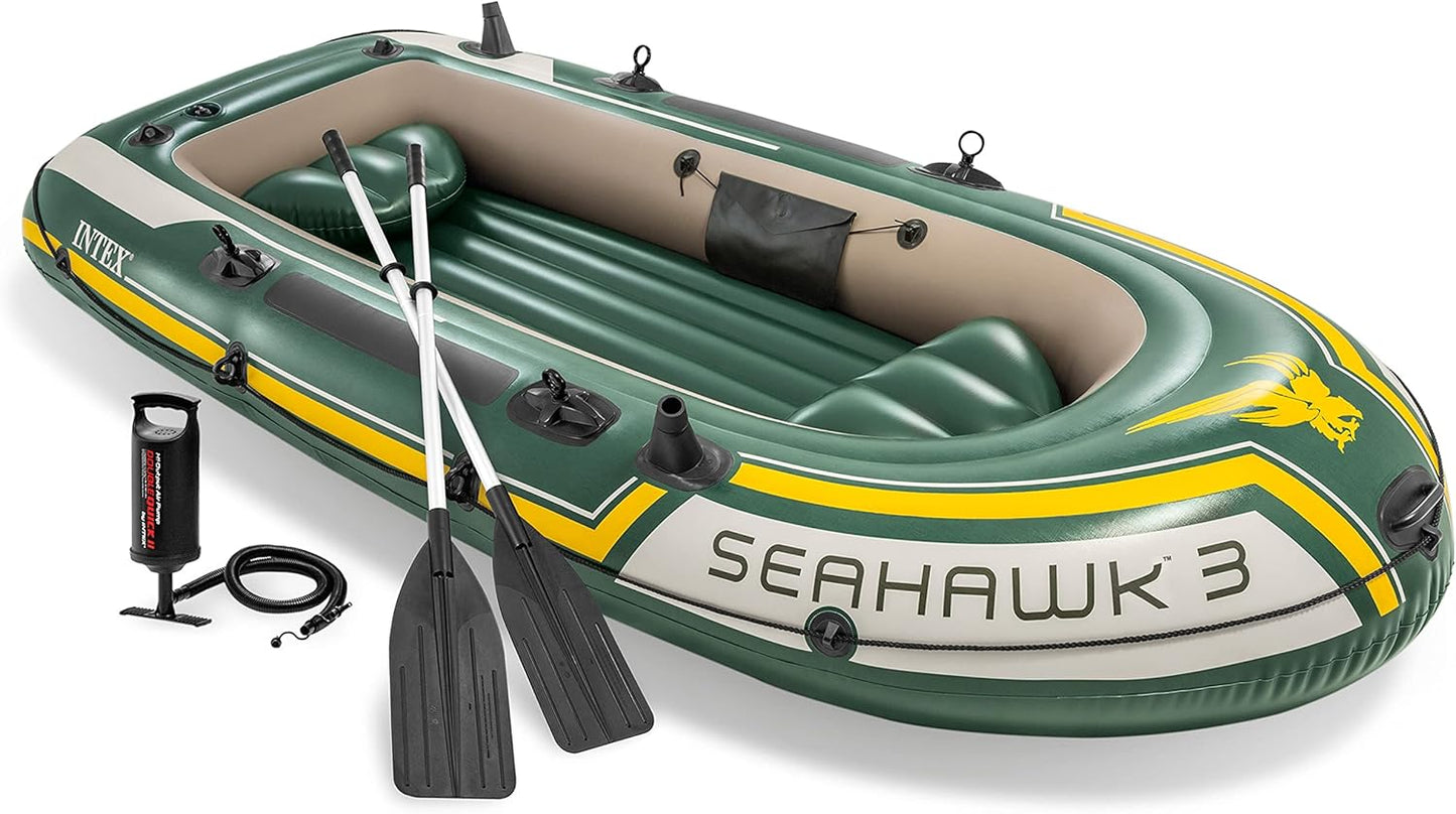 68380NP Seahawk 3 Inflatable Boat Set: Includes Deluxe 137 Cm Boat Oars and High-Output Pump – Superstrong PVC – Fishing Rod Holders – 3-Person – 358 Kg Weight Capacity
