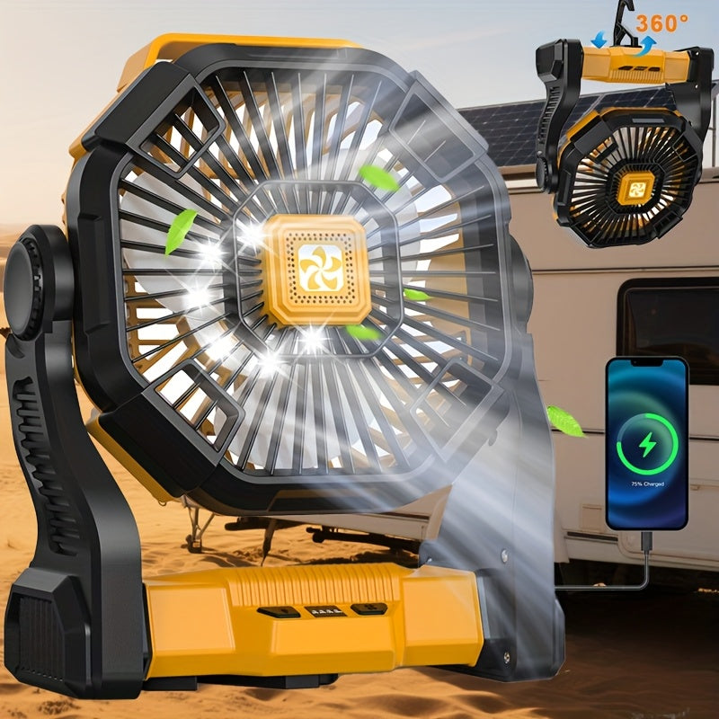 3-in-1 Portable Camping Fan with USB Power, LED Light & High-Speed Cooling - Rechargeable