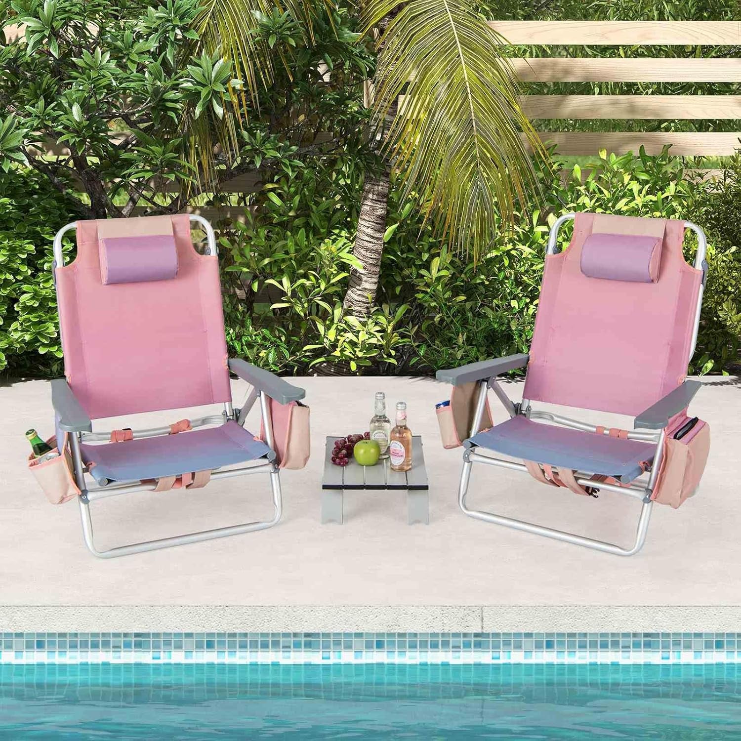 3-Piece Beach Chair Set, 5-Position Reclining Chairs, Outdoor Camping Chairs W/Folding Side Table, Folding Beach Chair and Table Set for Sunbathing, Fishing, No Assembly Required (Pink)