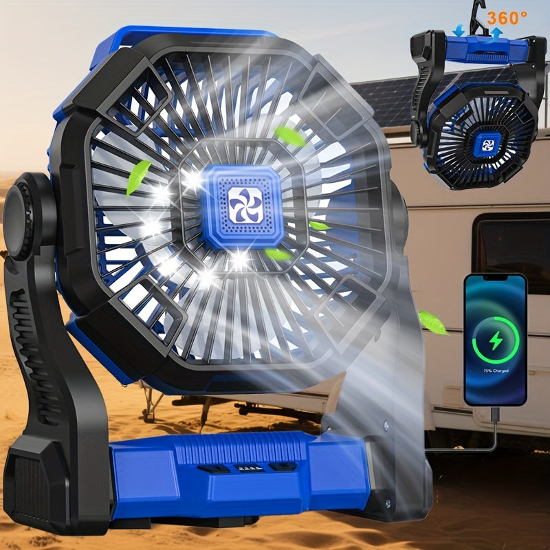 3-in-1 Portable Camping Fan with USB Power, LED Light & High-Speed Cooling - Rechargeable