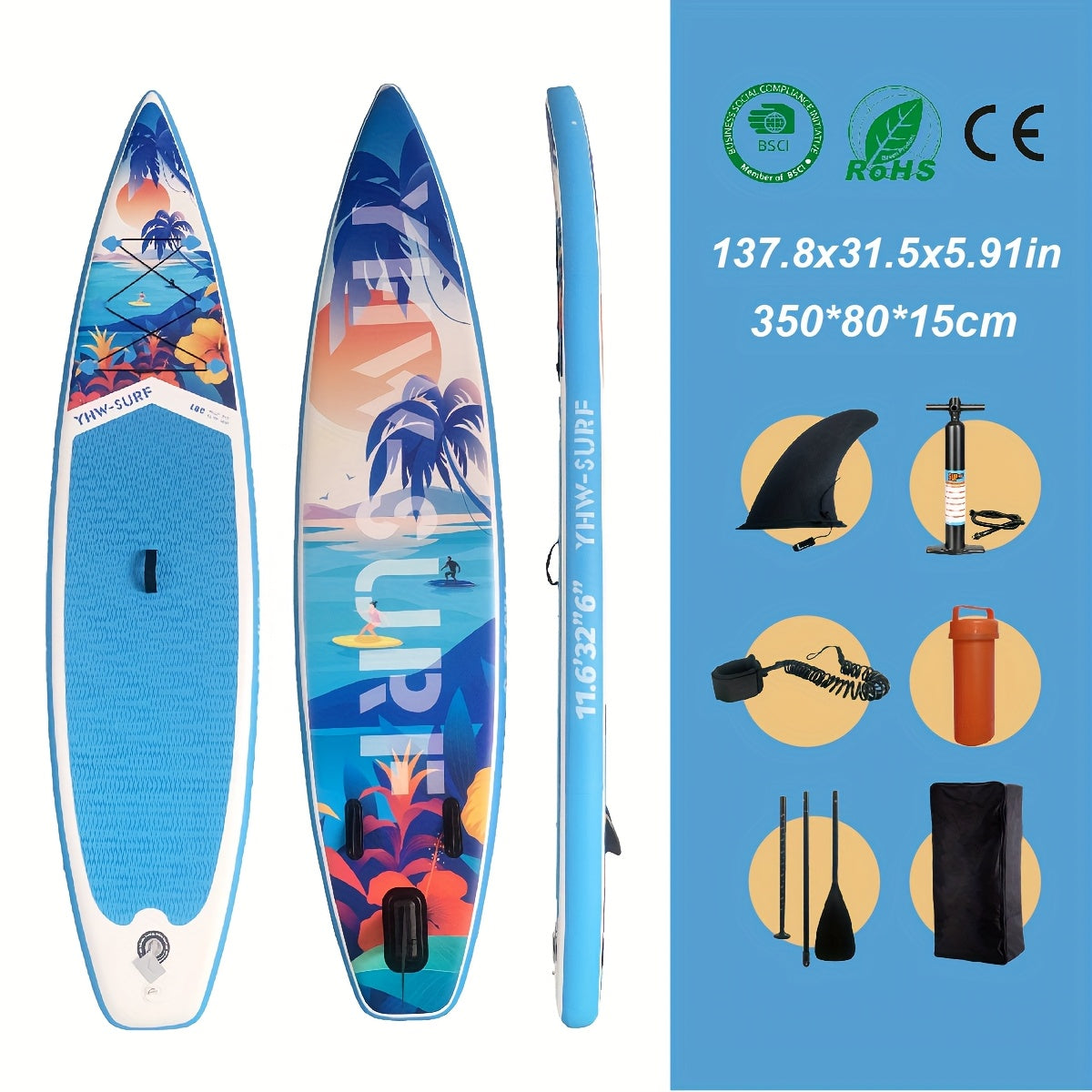 Inflatable Paddle Board, Pump, Backpack, Foot Rope, Detachable Fin, Paddle, and Repair Kit